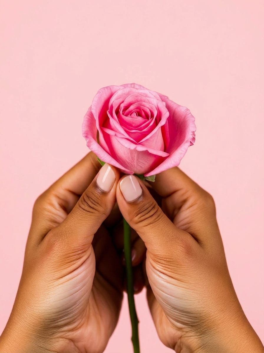 A woman holding a single pink rose