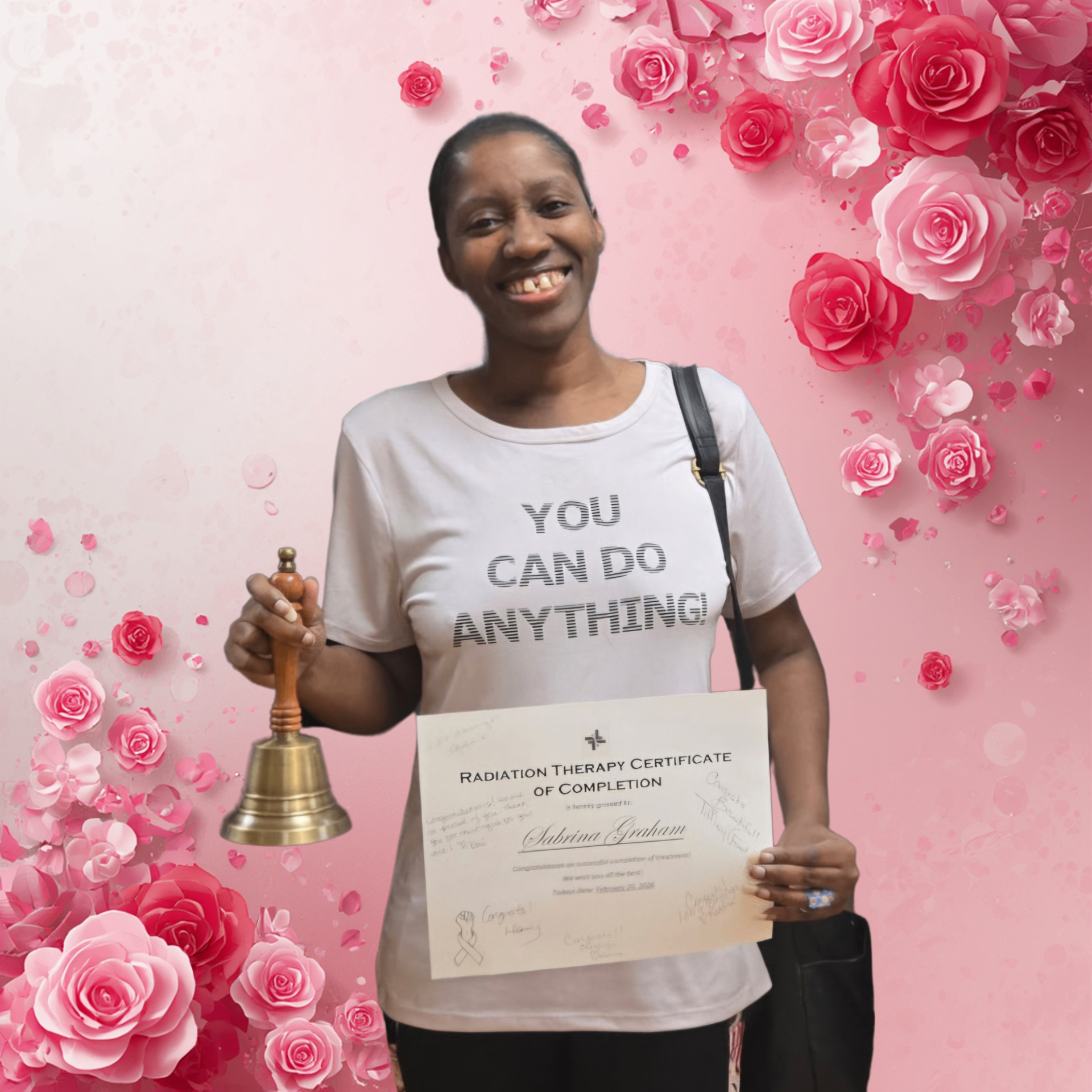 Sabrina Graham, founder of From Bleeding to Blooming, holding a celebratory bell and her radiation therapy certificate of completion